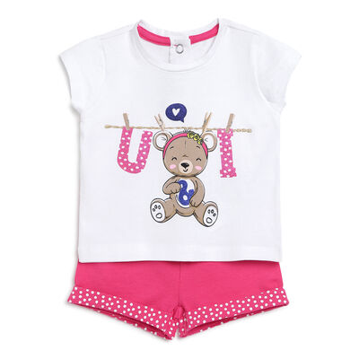 Girls Dark Pink Printed 2 Pc Set T-shirt with Short Trouser